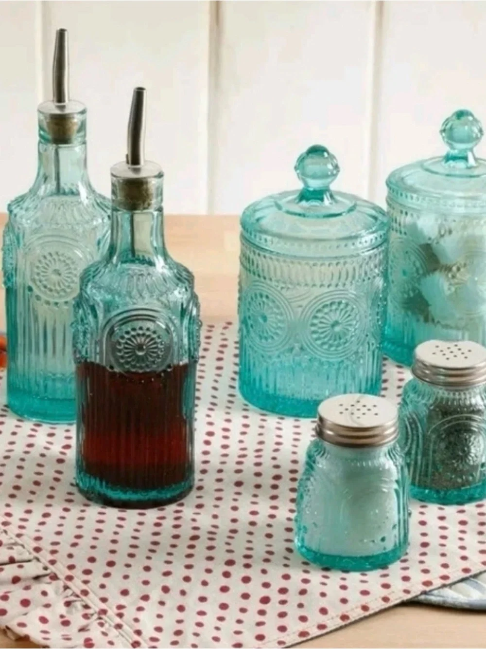 Pioneer woman teal condiment set NIB